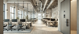 Modern office space monitored by LoRaWAN® sensors integrated into a BACnet building management system for environmental and occupancy insights.
